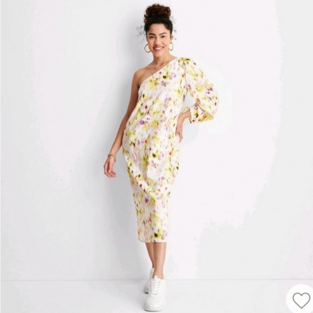 NWT Future Collective Linen blend L/S One Shoulder Midi Dress XXL White Floral - Picture 4 of 10